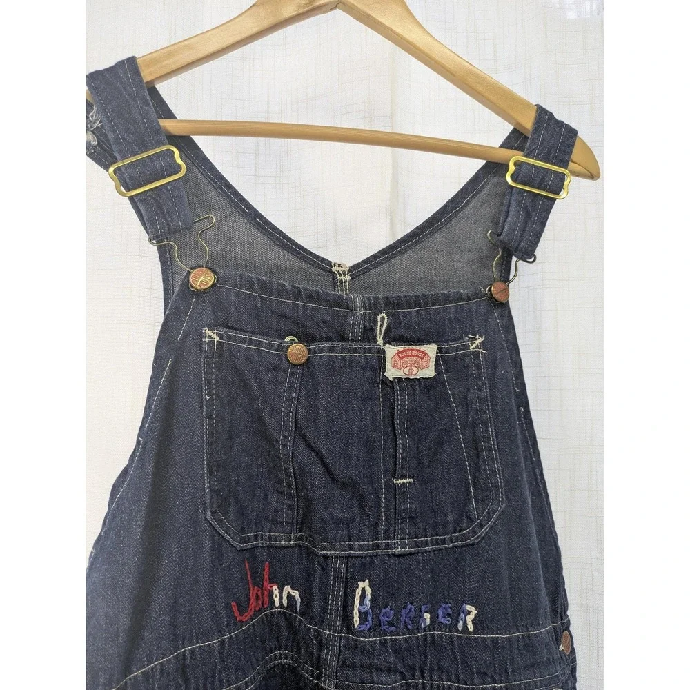 1970s dark indigo denim Embroidered and patchwork‎ customized overalls, American - Picture 7 of 9